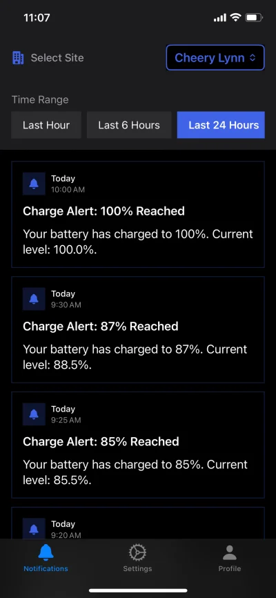 Grid Getter notification screen showing battery and energy alerts
