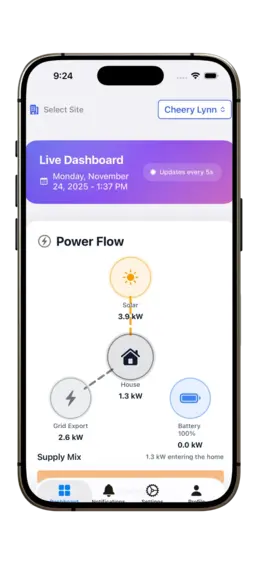 Grid Getter iOS app - live dashboard with real-time energy data