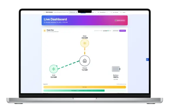 Grid Getter web dashboard - live energy monitoring with solar, battery, and grid metrics