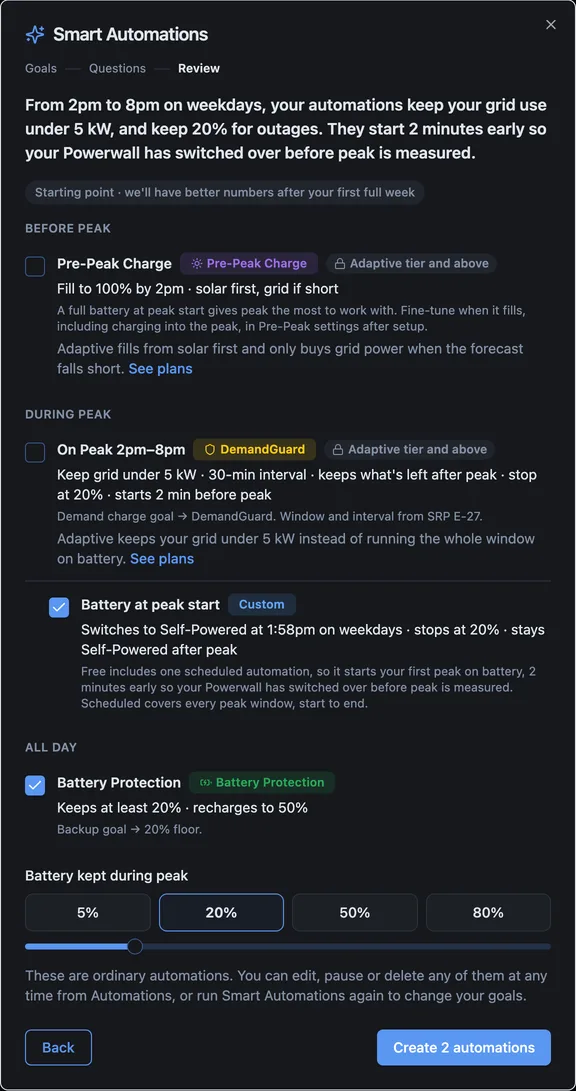 The review screen on the free plan: Pre-Peak Charge and DemandGuard locked to the Adaptive tier, Battery at peak start ticked beneath DemandGuard, and Battery Protection ticked.